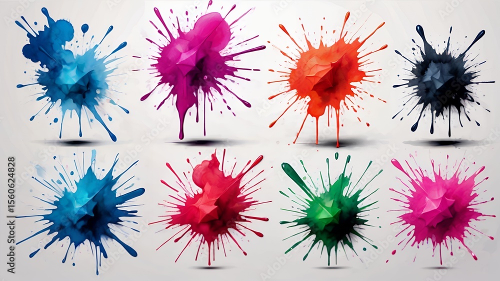 Poster an array of colorful paint splatters on a white background, creating a vibrant and artistic display