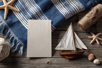 Maritime mockup scene featuring a blank travel brochure or logo sign next to nautical props like a model sailboat © EmPics