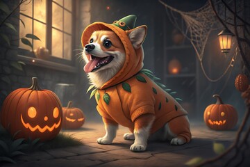 Adorable corgi dog dressed in a cute pumpkin costume with a green hat sits on a cobblestone path surrounded by glowing jack o lanterns and spooky cobwebs on a dark halloween night
