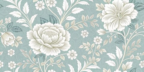 Seamless Pastel Floral Pattern Vintage Peonies and Foliage, Line Art Design, Teal Background, Illustration. Floral pattern, Vintage design