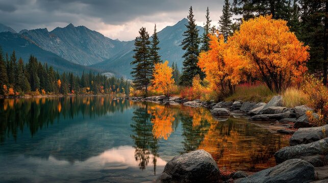 Serene autumn reflection in banff national park, canada with rocky mountains background