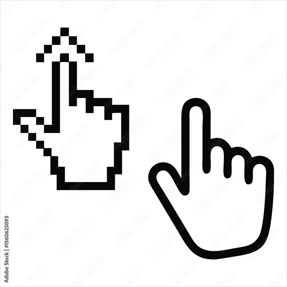 Fototapete Digital interaction concept with a computer mouse cursor a pointing hand and pixelated elements isolated on white background