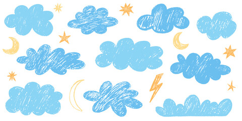 Crayon drawn clouds, stars and moon in kid's style. Hand drawn various cloud shapes. Childish doodle naive icons pastel texture. Naive style childish vector elements isolated