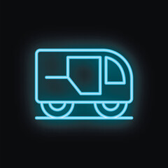 Blue neon train icon glowing on a black background representing public transportation