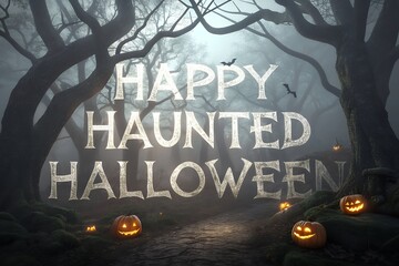 Spooky forest scene with glowing jack o lanterns and bats flying around the words happy haunted halloween in a mystical foggy atmosphere on halloween night