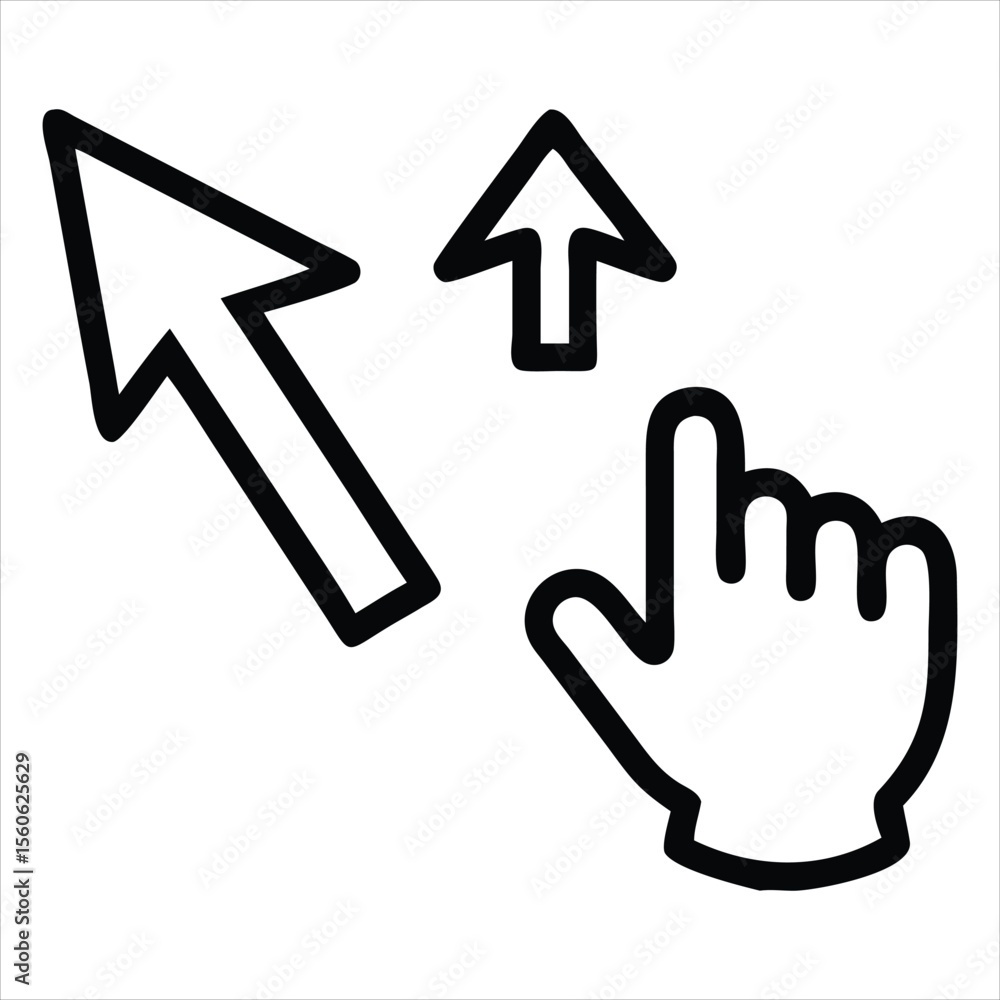 Poster digital cursor arrow and human hand interacting with a pixelated interface isolated on white backgro