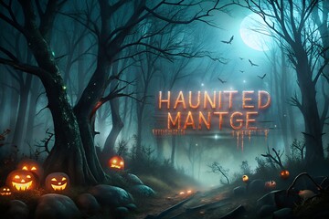 A spooky haunted forest at night with a full moon glowing jack o lanterns bare trees mist and flying bats creates a terrifying halloween atmosphere for your holiday designs