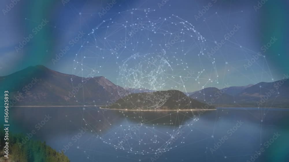 Poster faint points initiating holographic sphere forming and rotating over lake visualizing network links