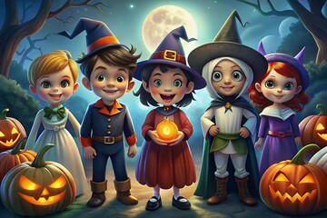 Five adorable cartoon children dressed in halloween costumes including witches and a prince stand together in a spooky forest at night with jack o lanterns and a full moon overhead