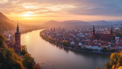 Fototapeta premium Panoramic sunset view of a European city nestled by a river, with hills and autumn foliage