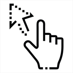 Obraz premium A digital illustration featuring a computer mouse cursor in the shape of an arrow, a human hand icon, and pixelated elements, all isolated on a white background. 