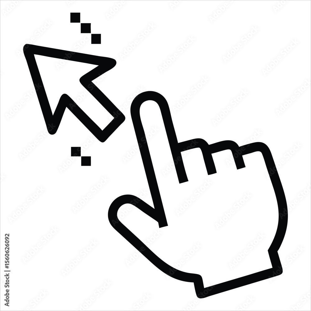 Fototapete Digital cursor hand pointing with a pixelated arrow representing a computer mouse click action isolated on white background