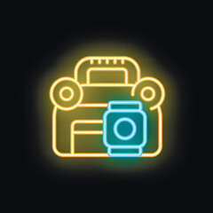 Glowing neon line camping gas stove icon isolated on black background. Portable gas burner. Hiking, camping equipment