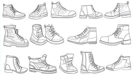 Illustration sketches of cartoon shoes and other footwear designs over a white background