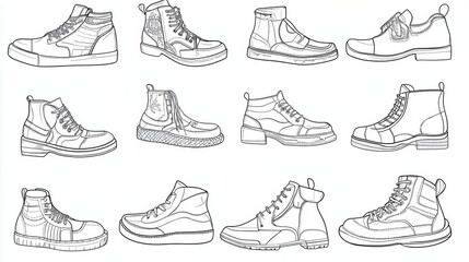Illustration sketches of cartoon shoes and other footwear designs over a white background