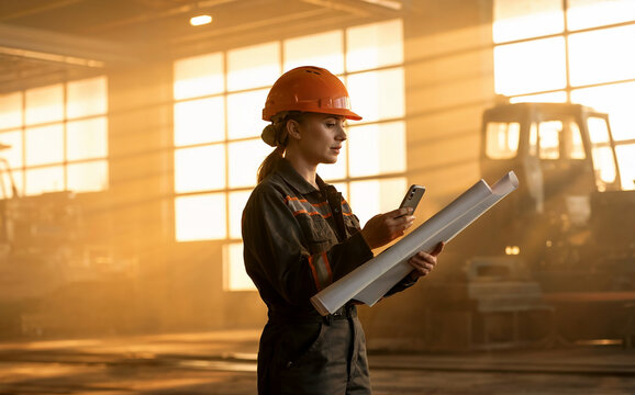 Female engineer in a hardhat checking her smartphone while holding blueprints in a sunlit factory.