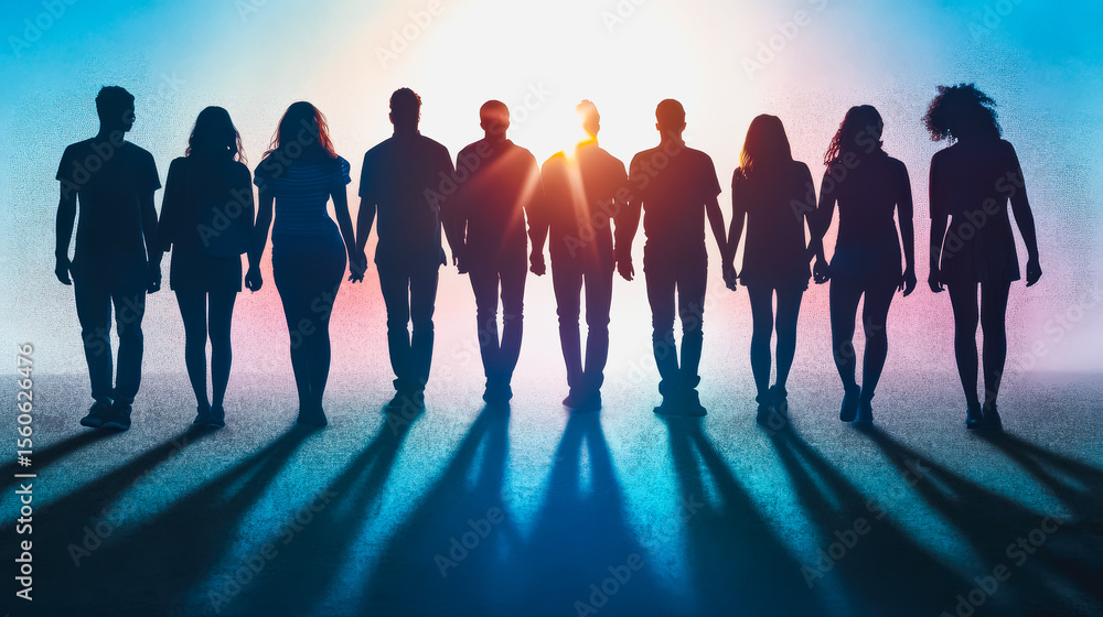 Poster group of people walking in a line with their hands on their hips. concept of unity and togetherness
