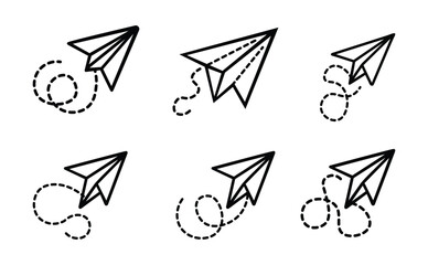Six paper airplanes follow dotted flight paths isolated on white background