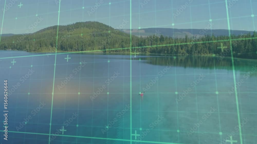 Poster digital grid initializing and scanning while red kayak paddling across turquoise lake for mapping