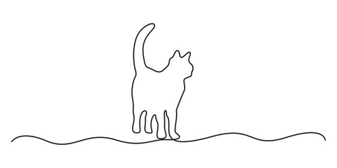 Cute cat continuous single line drawing. Kitty sitting in simple linear style. Vector illustration