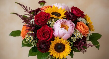 Fototapeta premium Beautiful Autumnal Bouquet Featuring Sunflowers Roses Peonies and Other Seasonal Blooms