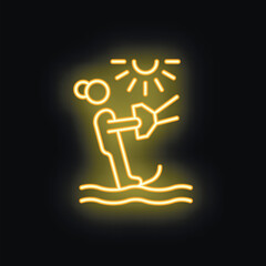 Yellow glowing neon icon of a woman water skiing on a lake in summertime