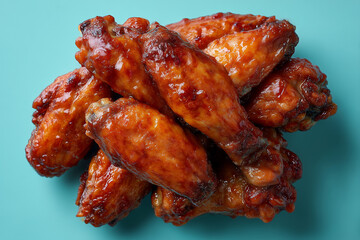 Deliciously glazed chicken wings piled high on a bright blue background, perfect for any gathering or celebration