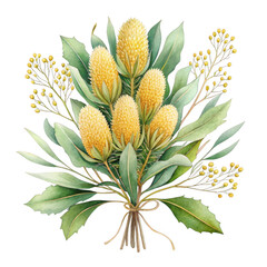 Vibrant yellow banksia flowers and green foliage bouquet isolated on transparent background
