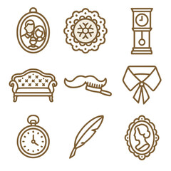 Sepia Family Icon Set. Outline icon set of sepia family portraits: oval wooden frame, lace doily background, antique sofa,