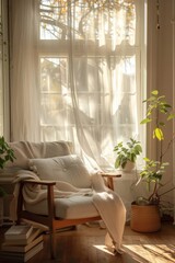 In the elderly's room, soft sunlight filters through the sheer curtains