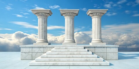 Three Doric Columns on Marble Platform in Cloudscape, 3D Render, Architecture, Classical Classical Architecture, 3D Rendering