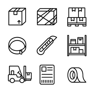Shipping Icon Set. Outline icon set of packaging and shipping: carton box, shrink wrap, pallet, strapping band, box cutter,