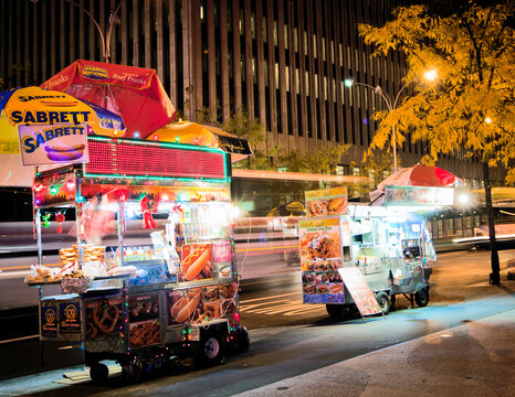 New York City, USA; 13th November 2011: The iconic New York food carts highlighting one of the most diverse industries in New York with over 20k city wide vendors