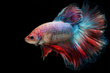 Fototapeta premium Stunning betta fish displays vibrant, contrasting colors against black backdrop, radiating elegance and grace, showcasing its sharp features and flowy fins