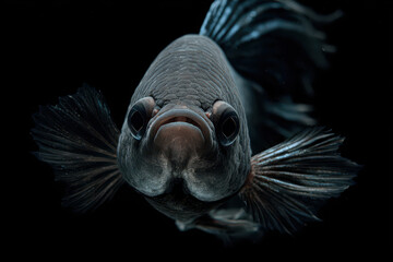 Betta fish exhibits mysterious aura against captivating black background, its beauty and grace reflecting in its eyes