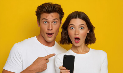 young couple holding smartphone standing with shocking expression