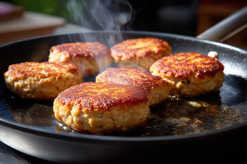 Delicious salmon patties sizzling in a frying pan, showing golden-brown crust and steam rising