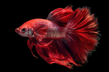 Elegant betta fish swims gracefully, its vibrant red fins flowing in dark water, showcasing its striking beauty and poise