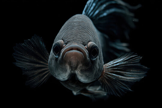 Betta fish exhibits mysterious aura against captivating black background, its beauty and grace reflecting in its eyes
