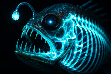 This is a deep-sea fish with bioluminescent features, showcasing nature's adaptation to the dark abyss. Striking, eerie, and fascinating. cinematic deep-sea creature.