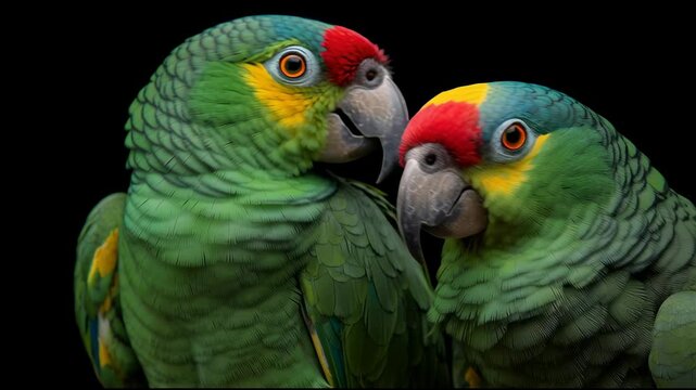 Colorful tropical green parrots with red yellow blue markings closeup showing detailed feathers bright eyes exotic wildlife animal vibrant plumage lively expressions against black background