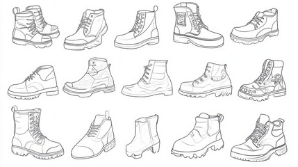 Illustration sketches of cartoon shoes and other footwear designs over a white background