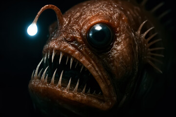 Fototapeta premium A terrifying deep sea creature with glowing lure and sharp teeth, showcasing the darkness and danger of marine life at extreme depths. 