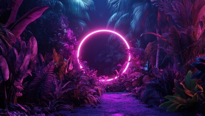 Neon circle in a vibrant tropical jungle