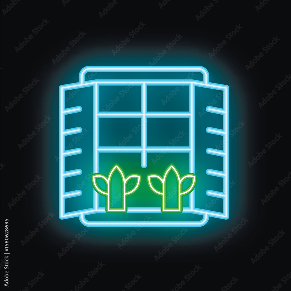Poster glowing neon icon of open window with plants on windowsill isolated on a black background