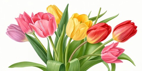Fototapeta premium Vibrant Tulip Bouquet Digital Painting, Spring Flowers, Botanical Illustration, Close-up Tulip, Botanical Illustration