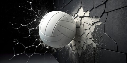 Volleyball Crashing Through Wall 3D Render, Impact, Destruction, Power Volleyball, 3D rendering