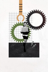 Vertical art exclusive collage of happy schoolgirl hold book run artificial intelligence robotic...