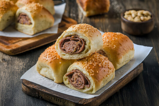 Baked sausage rolls with flaky golden dough topped with sesame seeds on wooden serving board and rustic surface background