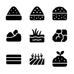 Soil Types Icons. Solid, filled icon set of land and soil types: clay soil, sandy soil, loamy soil, rocky ground, wetland edge,